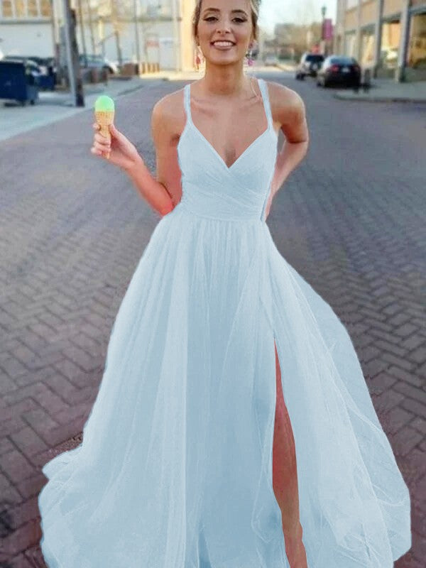 A-Line/Princess Sleeveless Tulle V-neck Ruched Sweep/Brush Train Prom Dress