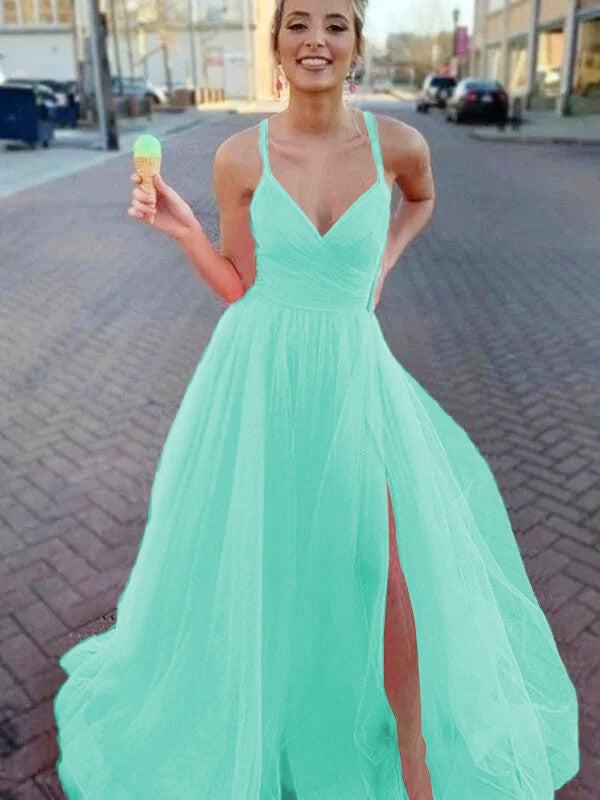 A-Line/Princess Sleeveless Tulle V-neck Ruched Sweep/Brush Train Prom Dress