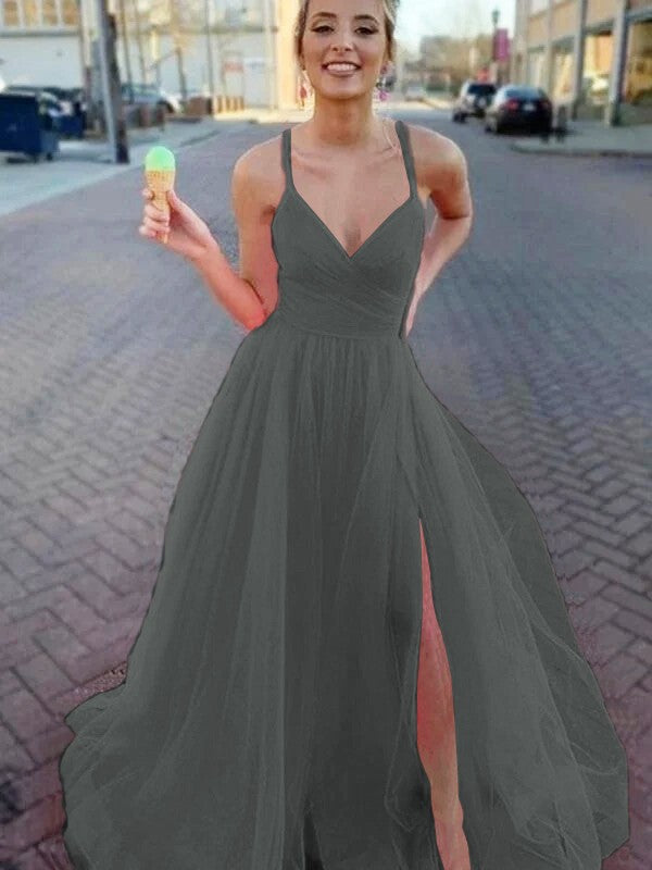 A-Line/Princess Sleeveless Tulle V-neck Ruched Sweep/Brush Train Prom Dress