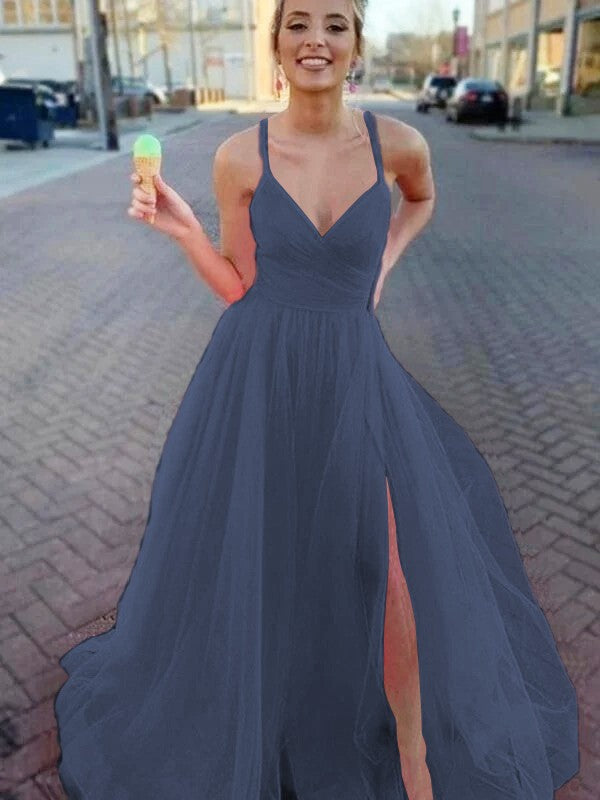 A-Line/Princess Sleeveless Tulle V-neck Ruched Sweep/Brush Train Prom Dress