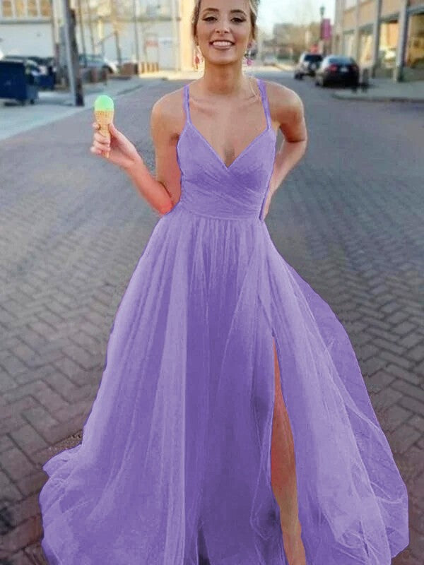 A-Line/Princess Sleeveless Tulle V-neck Ruched Sweep/Brush Train Prom Dress