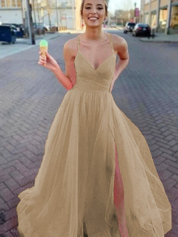 A-Line/Princess Sleeveless Tulle V-neck Ruched Sweep/Brush Train Prom Dress