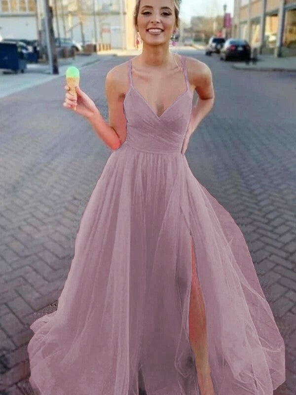 A-Line/Princess Sleeveless Tulle V-neck Ruched Sweep/Brush Train Prom Dress