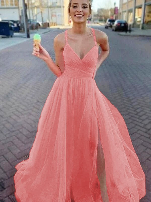A-Line/Princess Sleeveless Tulle V-neck Ruched Sweep/Brush Train Prom Dress