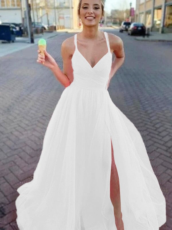 A-Line/Princess Sleeveless Tulle V-neck Ruched Sweep/Brush Train Prom Dress