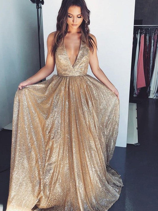 A-Line/Princess V-neck Sleeveless Ruffles Sweep/Brush Train Sequins Prom Dress