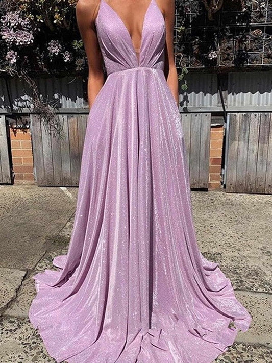 A-Line/Princess V-neck Ruffles Sleeveless Sweep/Brush Train Prom Dress