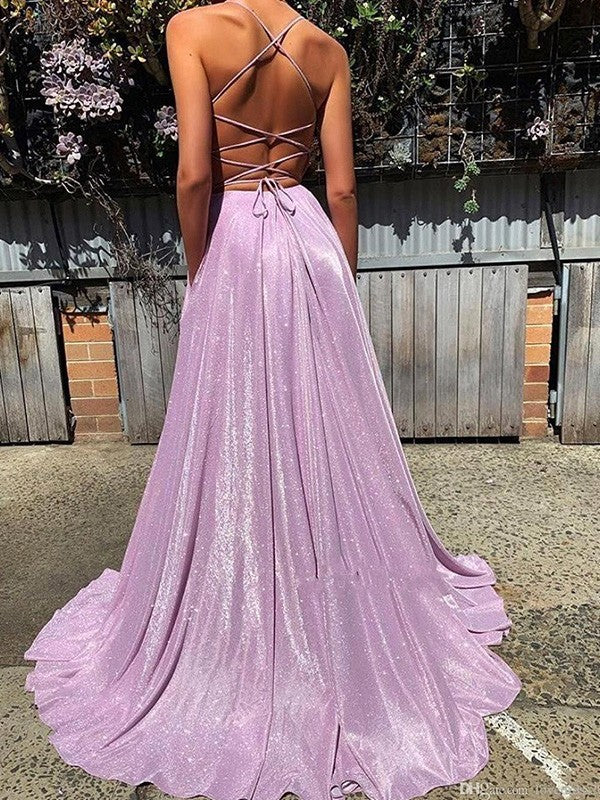 A-Line/Princess V-neck Ruffles Sleeveless Sweep/Brush Train Prom Dress