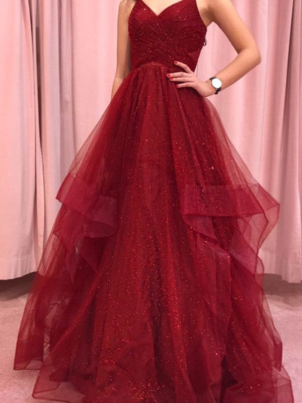 A-Line/Princess Net Spaghetti Straps Sleeveless Ruffles Floor-Length Prom Dress