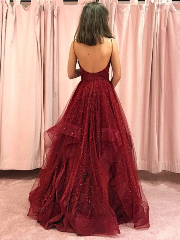 A-Line/Princess Net Spaghetti Straps Sleeveless Ruffles Floor-Length Prom Dress