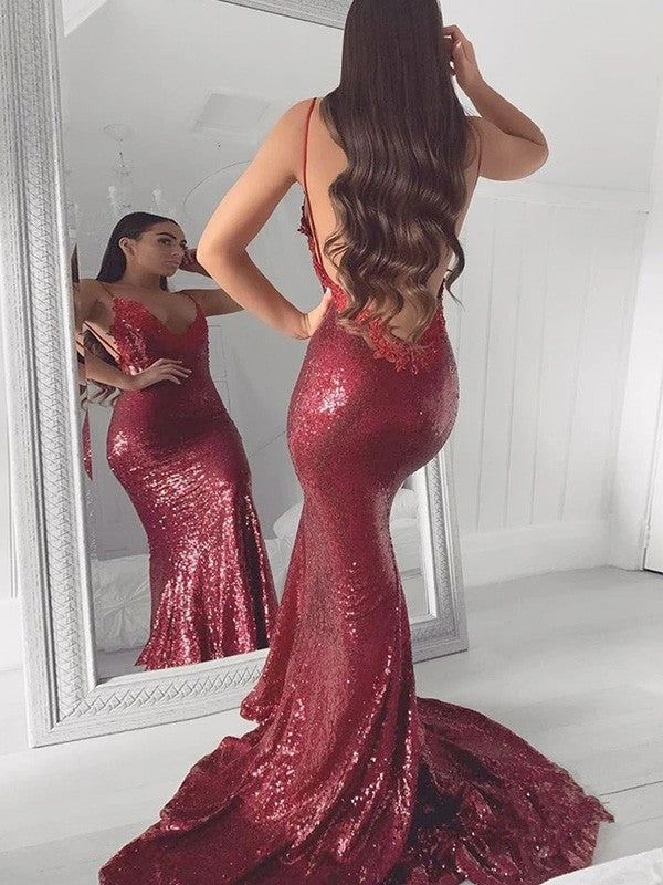 Trumpet/Mermaid V-neck Sequins Applique Sweep/Brush Train Sleeveless Prom Dress