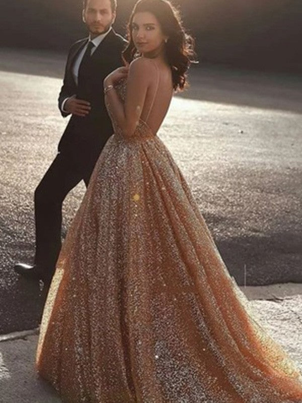 A-Line/Princess Spaghetti Straps Tulle Sequin Sleeveless Court Train Prom Dress