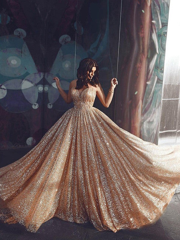 A-Line/Princess Spaghetti Straps Tulle Sequin Sleeveless Court Train Prom Dress