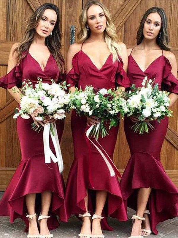 Trumpet/Mermaid Ruffles Spaghetti Straps Sleeveless Asymmetrical Bridesmaid Dresses