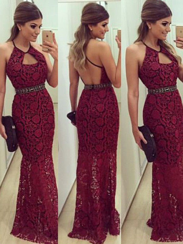 Sheath Lace Halter Sleeveless Floor-Length With Beading Prom Dress