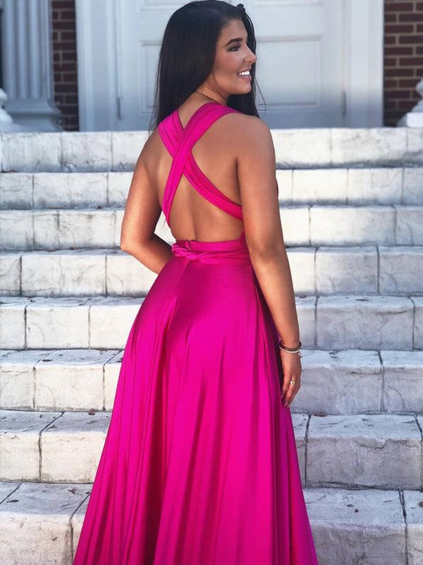 A-Line/Princess Sweep/Brush Train V-neck Sleeveless Silk like Satin Ruffles Prom Dress