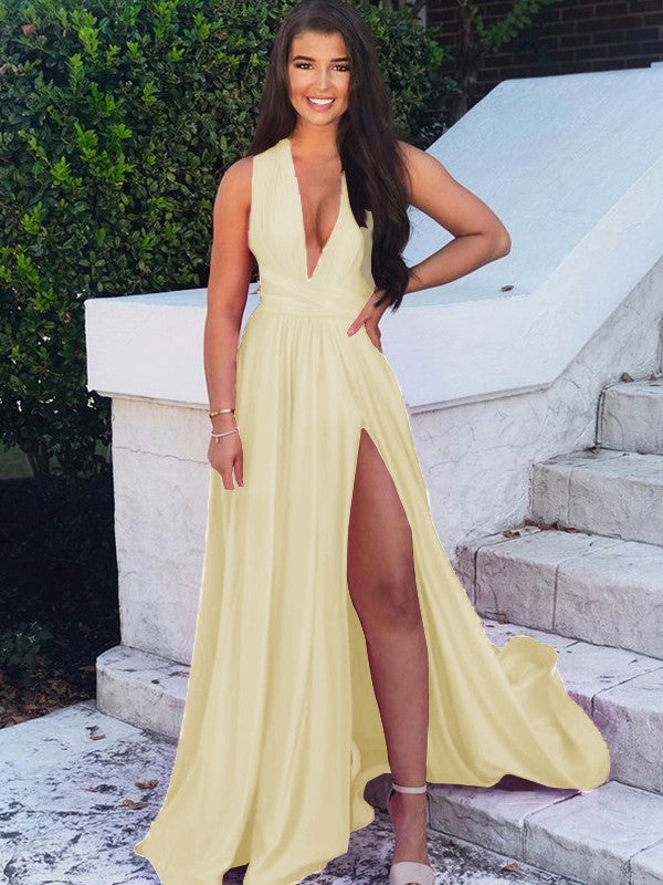 A-Line/Princess Sweep/Brush Train V-neck Sleeveless Silk like Satin Ruffles Prom Dress