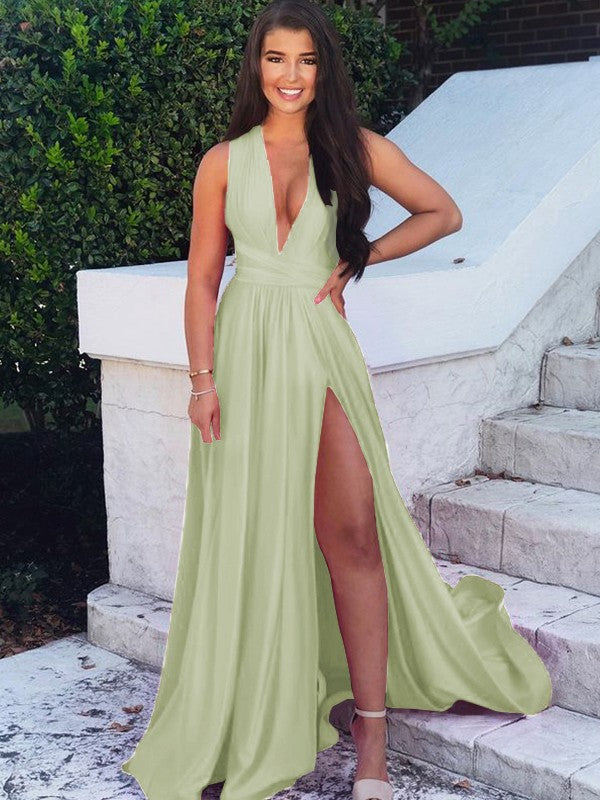 A-Line/Princess Sweep/Brush Train V-neck Sleeveless Silk like Satin Ruffles Prom Dress