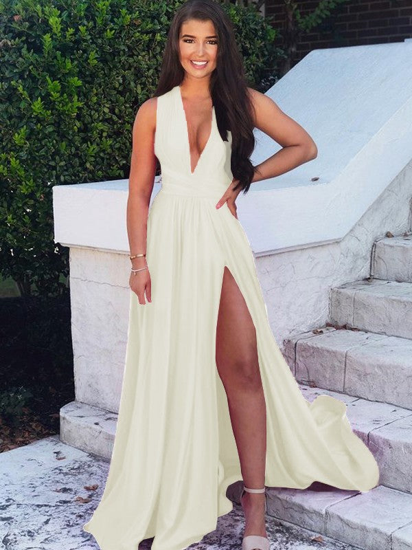 A-Line/Princess Sweep/Brush Train V-neck Sleeveless Silk like Satin Ruffles Prom Dress