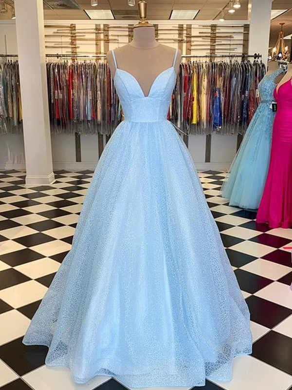 A-Line/Princess Floor-Length V-neck Sleeveless Tulle Ruffles Prom Dress