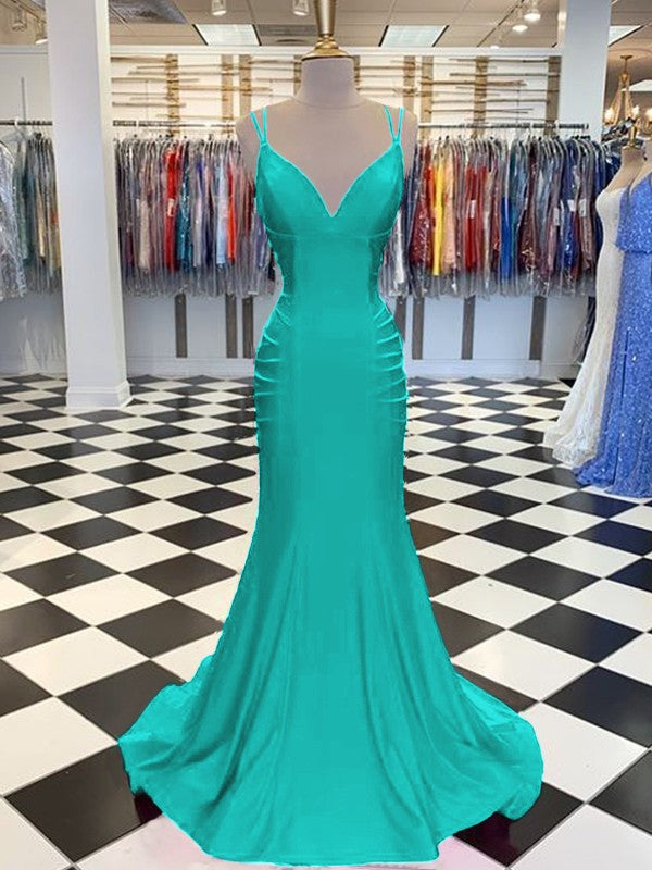 Trumpet/Mermaid Sweep/Brush Train V-neck Sleeveless Spandex Ruched Prom Dress
