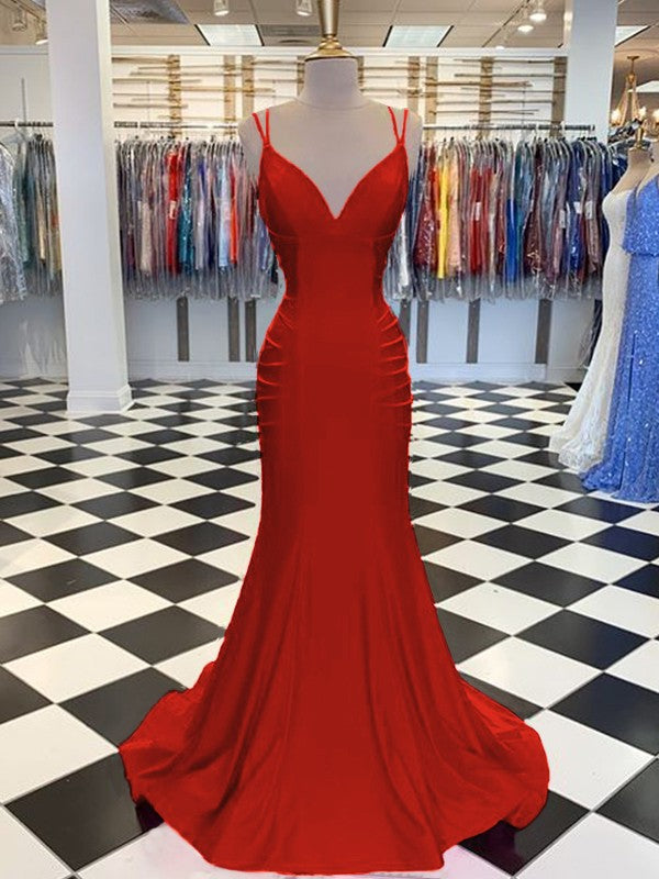 Trumpet/Mermaid Sweep/Brush Train V-neck Sleeveless Spandex Ruched Prom Dress