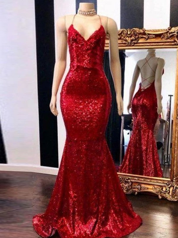 Trumpet/Mermaid Sweep/Brush Train Spaghetti Straps Sleeveless Sequins Prom Dress