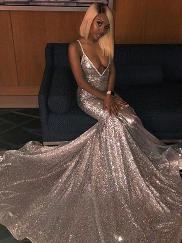 Trumpet/Mermaid Court Train V-neck Sleeveless Sequins Prom Dress