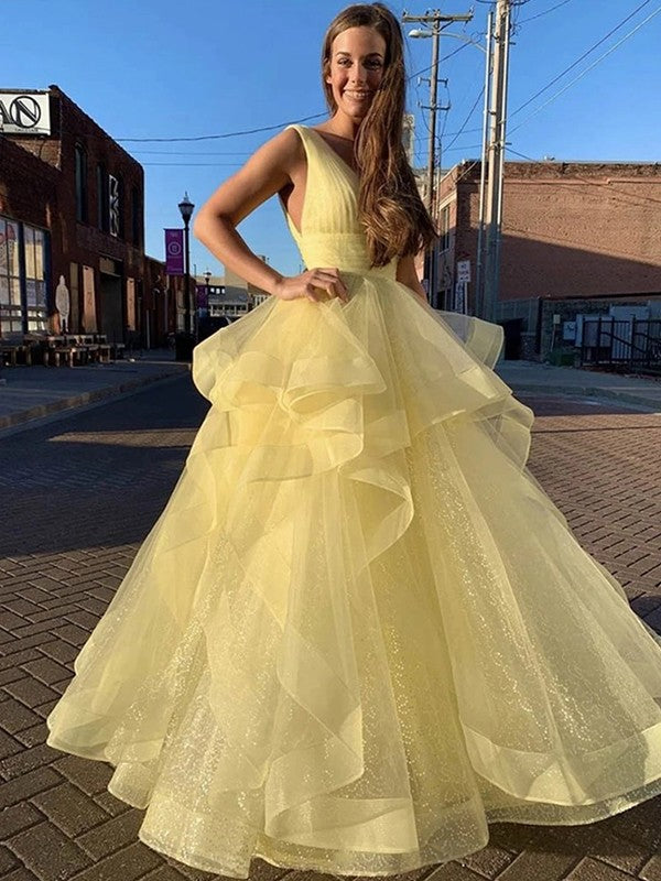 Ball Gown Floor-Length V-neck Ruffles Sleeveless Tulle Prom Dress