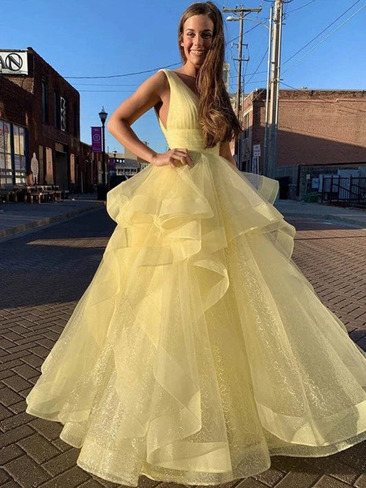 Ball Gown Floor-Length V-neck Ruffles Sleeveless Tulle Prom Dress