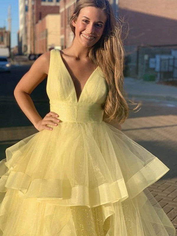 Ball Gown Floor-Length V-neck Ruffles Sleeveless Tulle Prom Dress