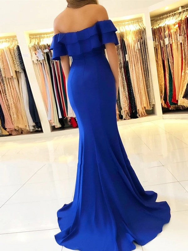 Sheath/Column Sweep/Brush Train Off-the-Shoulder Sleeveless Stretch Crepe Prom Dress