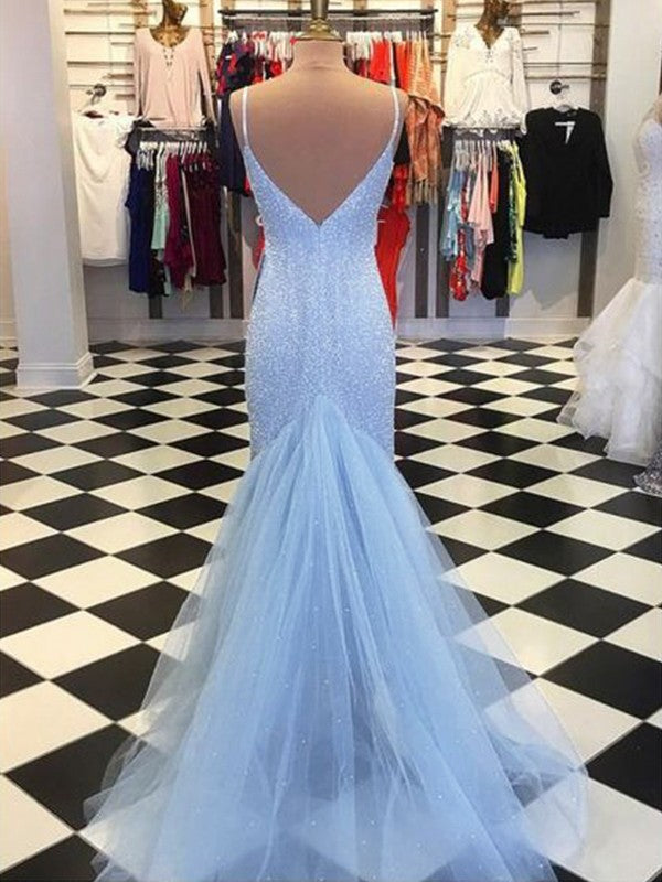 Sheath/Column Spaghetti Straps Sleeveless Tulle Sequin Sweep/Brush Train Prom Dress