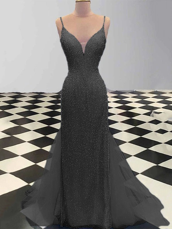 Sheath/Column Spaghetti Straps Sleeveless Tulle Sequin Sweep/Brush Train Prom Dress