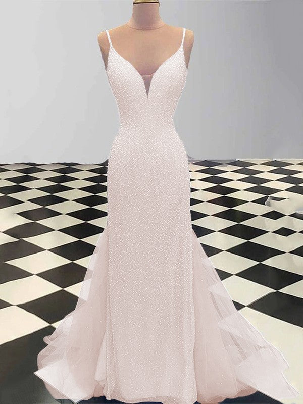 Sheath/Column Spaghetti Straps Sleeveless Tulle Sequin Sweep/Brush Train Prom Dress