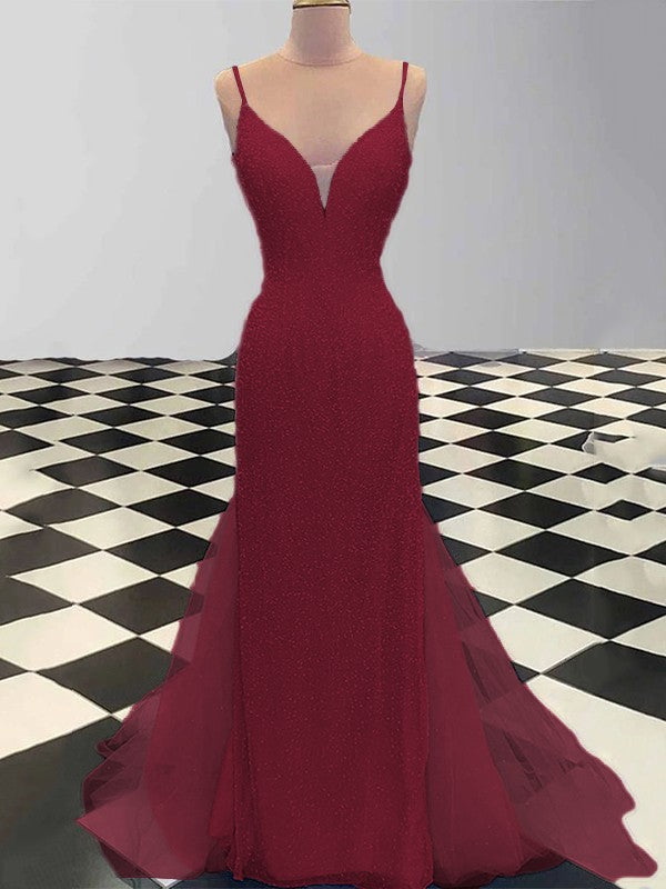 Sheath/Column Spaghetti Straps Sleeveless Tulle Sequin Sweep/Brush Train Prom Dress