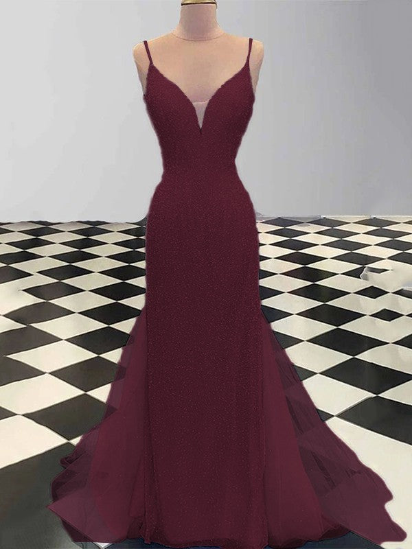 Sheath/Column Spaghetti Straps Sleeveless Tulle Sequin Sweep/Brush Train Prom Dress