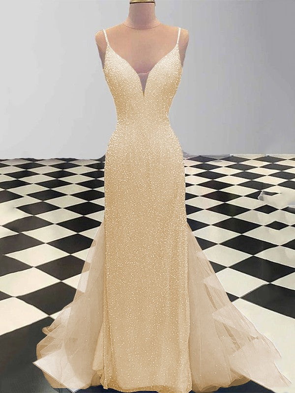 Sheath/Column Spaghetti Straps Sleeveless Tulle Sequin Sweep/Brush Train Prom Dress