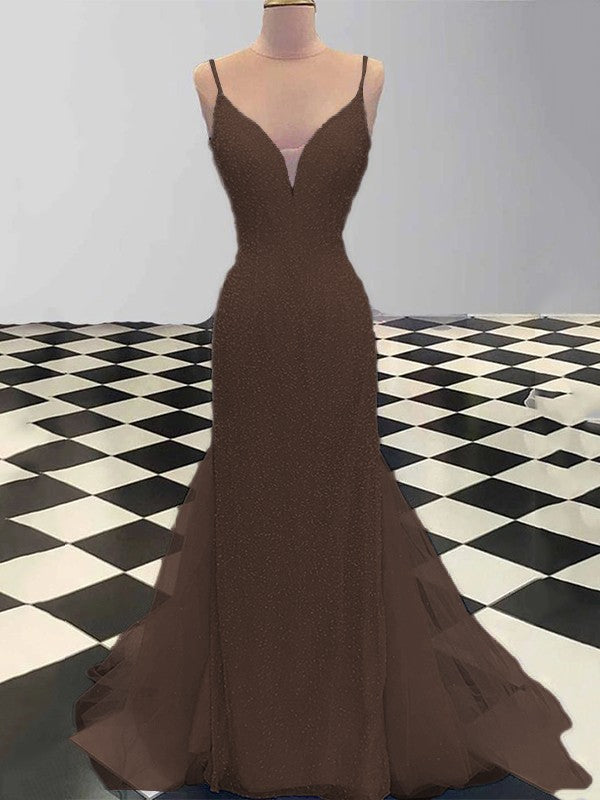 Sheath/Column Spaghetti Straps Sleeveless Tulle Sequin Sweep/Brush Train Prom Dress