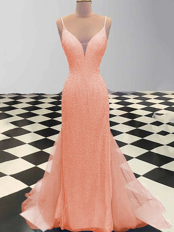 Sheath/Column Spaghetti Straps Sleeveless Tulle Sequin Sweep/Brush Train Prom Dress