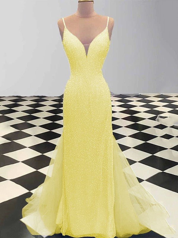 Sheath/Column Spaghetti Straps Sleeveless Tulle Sequin Sweep/Brush Train Prom Dress