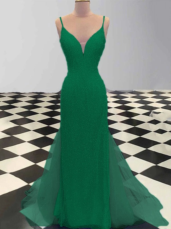 Sheath/Column Spaghetti Straps Sleeveless Tulle Sequin Sweep/Brush Train Prom Dress