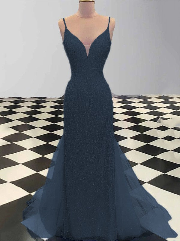Sheath/Column Spaghetti Straps Sleeveless Tulle Sequin Sweep/Brush Train Prom Dress