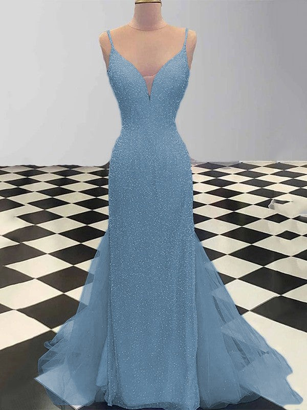 Sheath/Column Spaghetti Straps Sleeveless Tulle Sequin Sweep/Brush Train Prom Dress