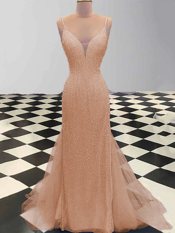 Sheath/Column Spaghetti Straps Sleeveless Tulle Sequin Sweep/Brush Train Prom Dress