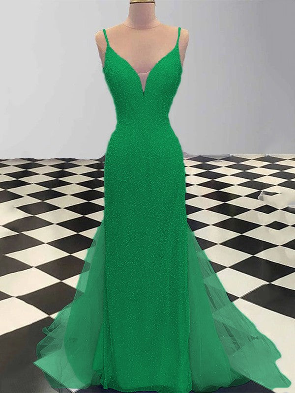 Sheath/Column Spaghetti Straps Sleeveless Tulle Sequin Sweep/Brush Train Prom Dress