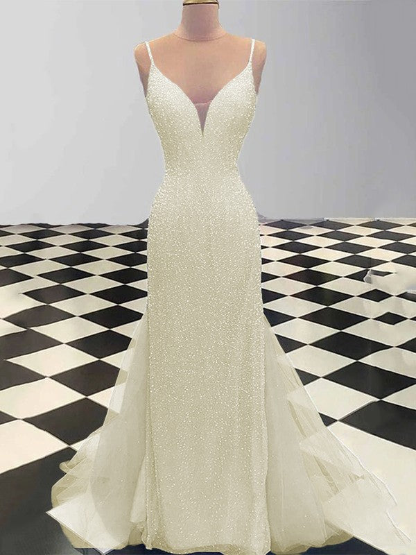 Sheath/Column Spaghetti Straps Sleeveless Tulle Sequin Sweep/Brush Train Prom Dress