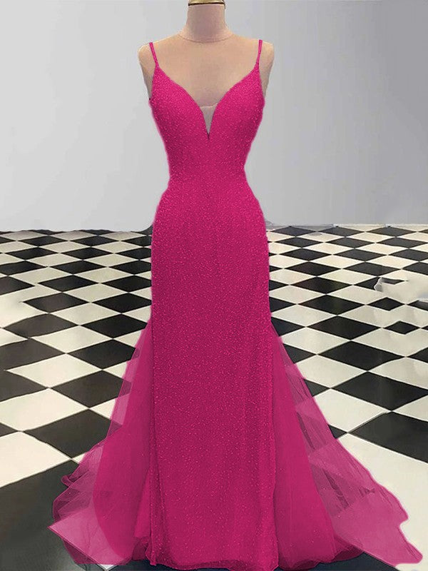 Sheath/Column Spaghetti Straps Sleeveless Tulle Sequin Sweep/Brush Train Prom Dress