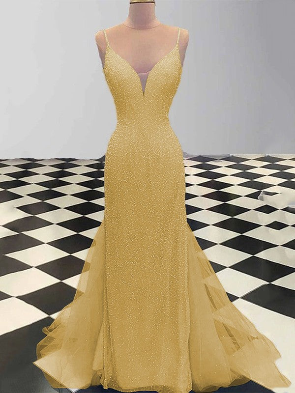Sheath/Column Spaghetti Straps Sleeveless Tulle Sequin Sweep/Brush Train Prom Dress