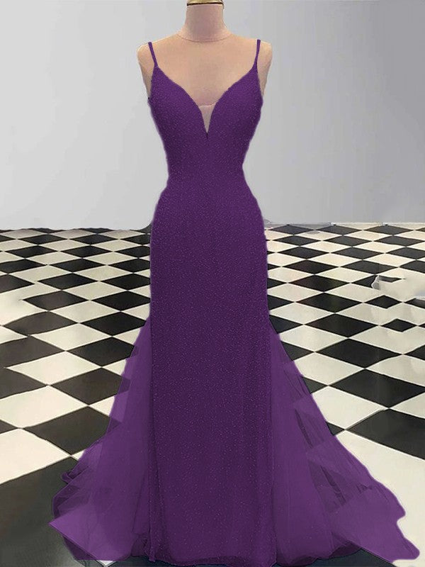 Sheath/Column Spaghetti Straps Sleeveless Tulle Sequin Sweep/Brush Train Prom Dress